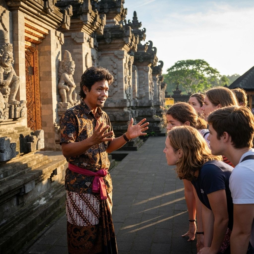 Local Balinese guide explaining cultural sites to tourists