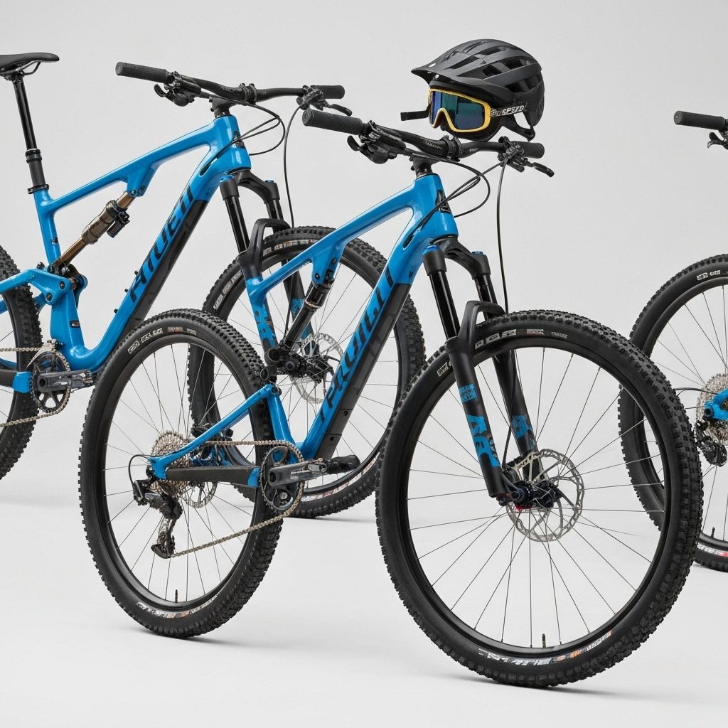 Professional mountain bikes with safety helmets and gear
