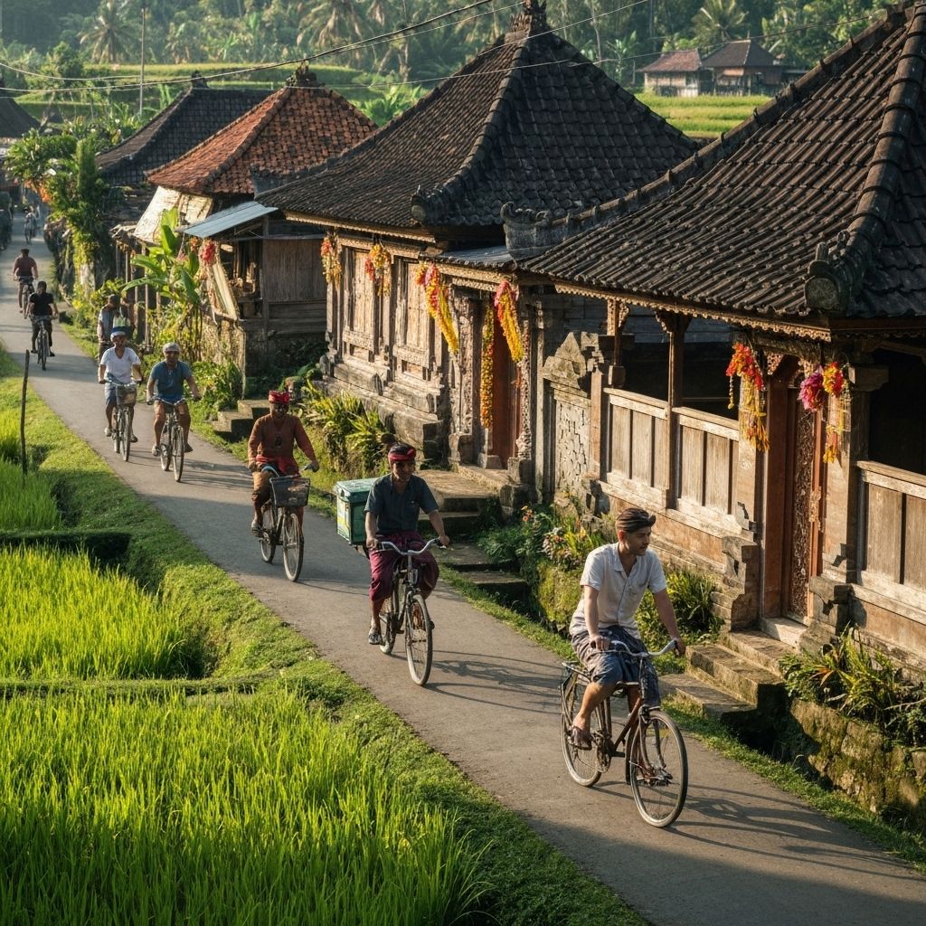 Cyclists exploring a traditional Balinese village